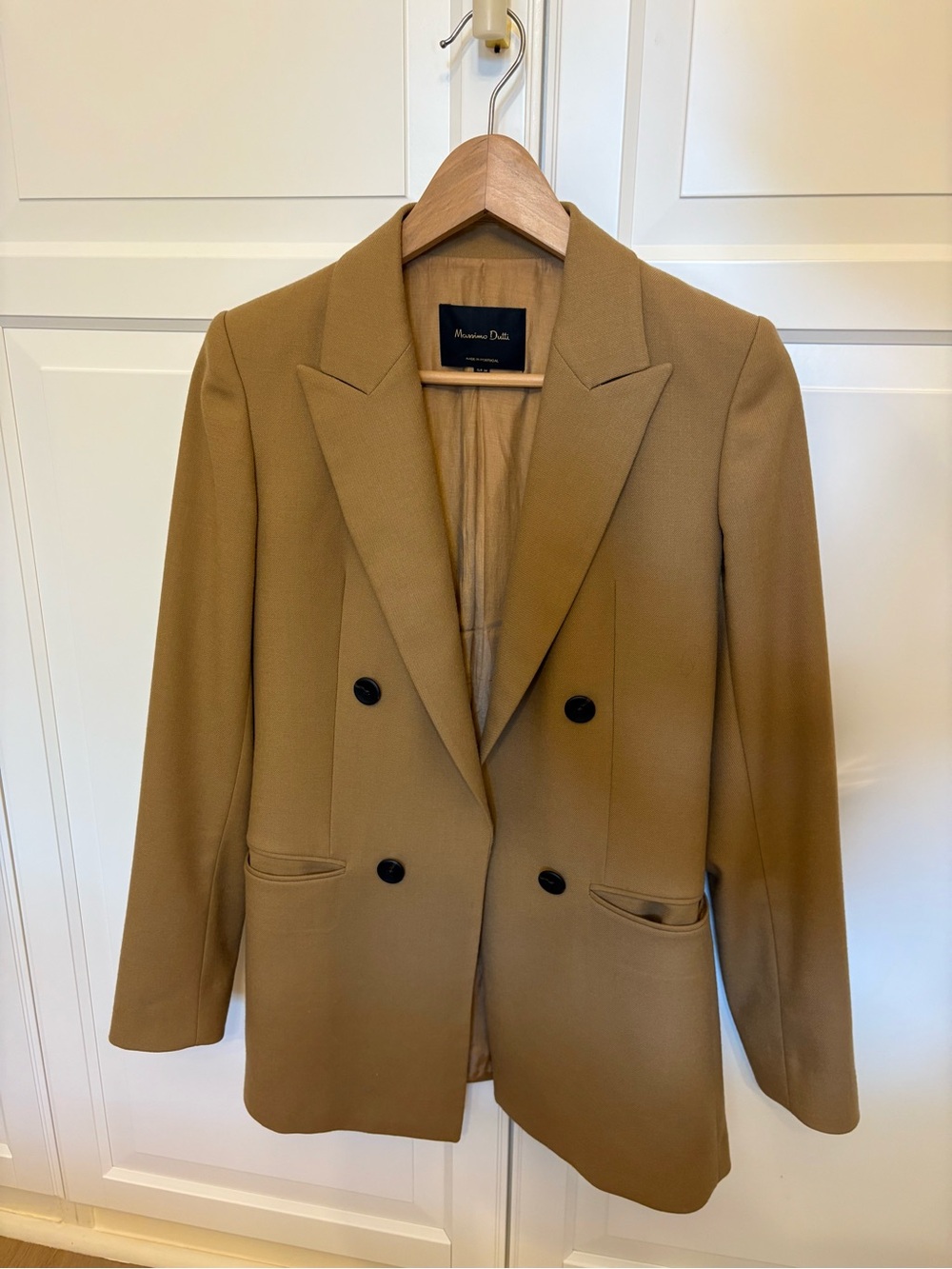 Massimo Dutti Tan Double-Breasted Blazer with Dark Buttons